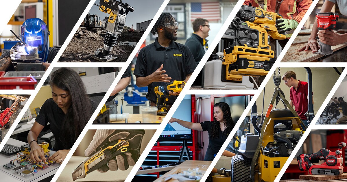 Collage of Stanley Black & Decker engineers and products